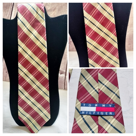 Tommy Hilfiger Red and Cream Plaid Checks Italian Silk Tie Necktie Traditional - Picture 1 of 12